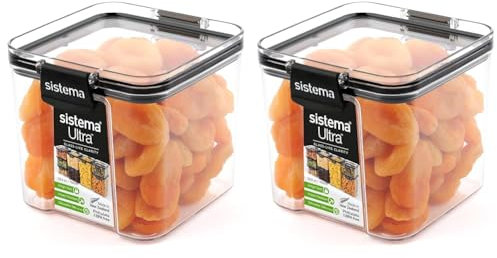 Sistema Ultra Tritan Airtight Pantry Storage Container | 700 ml Square Food Storage Container | Stackable | with Locking Clips | BPA-Free | Clear with Black Accents (Pack of 2)
