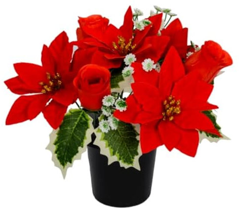 Christmas Artificial Grave Flowers - Red Poinsettia, Rosebud & Variagated Holly - Grave Pot, Cemetery Vase, Crem Insert, Memorial Pot, Flower Memorial Arrangement, Vases