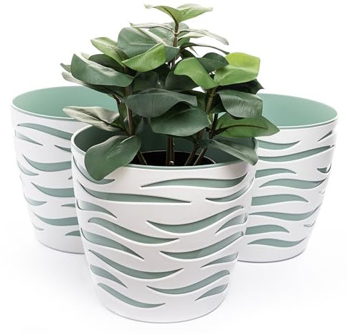 Home Garden Ornaments Plant Pots Indoor, Indoor Plant Pot, Duo Set of 3 Flower Pots Mix and Match (Basket + Insert) (Diameter: 14cm, Green and White)