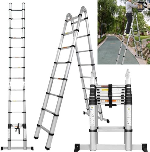Telescopic Step Ladder 5 Metre with Stabilizer, Aluminium Multi-Purpose Extension Ladders Extendable Folding Garden Loft Ladder, 2.5M+2.5M A Frame Foldable Ladder 8+8 Stepladder, Max Load 330lbs