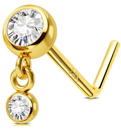 Jewseen 14K Gelbgold Nase Stud CZ Dangle Naseringe L Bend Nase Schraube 20G Nasen Knochen CZ Nase Piercing Schmuck