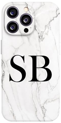 EKAM Personalised Case For iPhone 16, 15, 14, Pro, Max, Plus 13, 12, 11, X, XR, SE, 8, 7 - Fully Printed 3D Soft TPU Custom Cover Grey Marble Design - Your Initial Name Text (Initials)