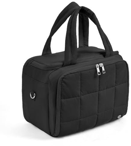 WESTBRONCO Kulturbeutel für Damen, mit Schmuck-Organizer, leicht, groß, Reise-Kulturbeutel, gesteppt, Make-up-Tasche, Organizer für Zubehör, Essentials, Kosmetik, Toilettenartikel, Schwarz