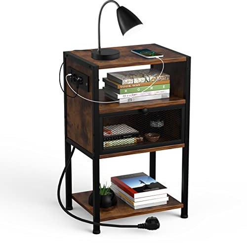 nwixbqoqn Nachttisch mit Steckdose, Beistelltisch mit Steckdose, USB-Anschluss, Beistelltisch mit Schubladen und 2 Regalen für Wohnzimmer, Schlafzimmer, Heimbüro, 40X30X65cm