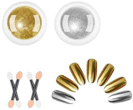 AhhiAboo 2 Stück Gold Silber Chrom Nagelpulver, Nail Art Spiegel Glitter Effekt Chrom Pigment Pulver, Nagelpulver mit Perleffekt, Metallic Glitter mit 4 Applikatoren für Nail Art Design