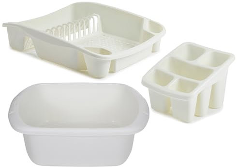 ZARVICZONIA Plastic Dish Drainer Set, Includes Cutlery Holder and Draining Tray, Grey, Gold, Black and Cream Pack 3 set (Cream)