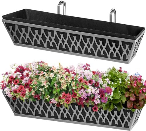 2 Pack 30 Inch Window Boxes Planters Railing Planter Box with Adjustable Brackets & Non-Woven Fabric Plant Grow Bags Deck Railing Planter Boxes Balcony Hanging Flower Box for Outdoor Plants