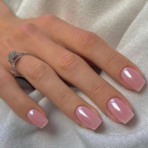 SXVME Chrome Press On Nails Medium Square, Glazed Rose Pink With Glitter Shine, Short Acrylic False Nails for Women Daily & Party Wear