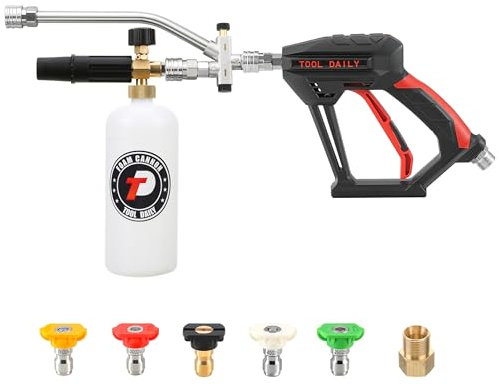 Tool Daily Short Pressure Washer Gun with Foam Cannon, Dual Connector Accessory, 1/4 Inch Quick Connect, 5 Spray Nozzle Tips, 1 Liter