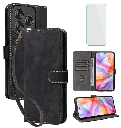 IUQXU Handyhülle für ZTE Blade V70 Vita/V70 Design Schwarz | Hülle mit Panzerglas,RFID,Stoßfeste Schutzhülle,Kartenfach,Klapphülle,Geldbörse Lederhülle für V 70 Design ZTE Blade V70Vita