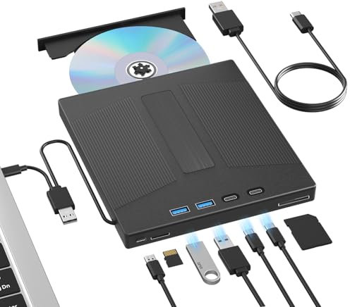 Taopjwr Unità Blu-ray esterna 7 in 1, unità Blueray/DVD esterna per PC, supporto lettura e scrittura di dischi da 100 G, masterizzatore Blu Ray USB 3.0 e tipo C con porta SD/TF, compatibile con