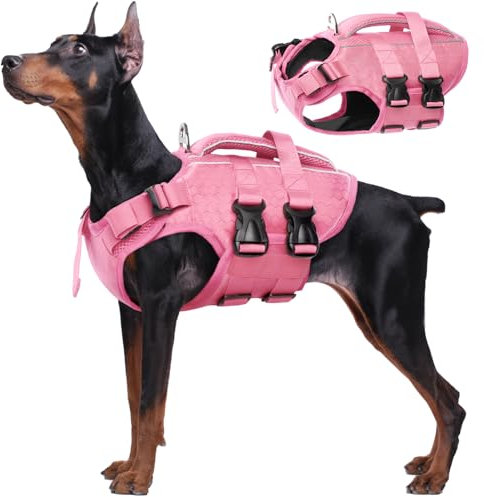 Kuoser L Dog Life Jackets for Small Medium Large Dogs, Adjustable High Visibility Jacket with Rescue Handle, Ripstop Flotation Vest Pet Lifesaver Puppy Swimsuits Swimming Pool, Pink