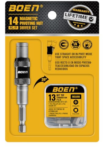 boen Pivoting Magnetic Bit Holder with Screwdriver Bits, Flexible Drill Bit Extension, 1/4-Inch SAE Hex Shank, for Impact Driver, Narrow Corners Use, 14PCS