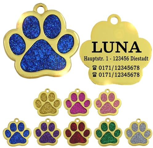 Ibera gifts - Hundemarke mit Gravur und personalisierte Hundemarke in Pfotenform, perfekt für kleine bis mittelgroße Haustiere (Gold/Blau)