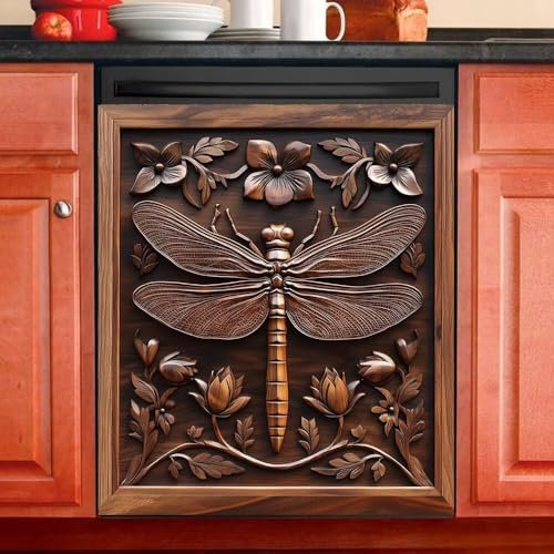 Vintage Wood Dragonfly Dishwasher Magnet Cover, Rustic Farm Dragonfly Magnetic Barn Door Panel Decal,Decorative Magnet Sticker for Dishwasher, Refrigerator, Washing Machine, 23Wx26H Inches