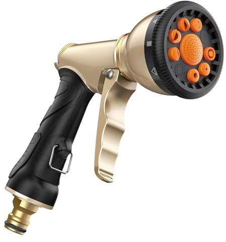 GJWLaie Pistola pulverizadora para manguera de jardín, 9 patrones de pulverización ajustables, boquilla de manguera de jardín de metal pesado, agarre antideslizante para regar plantas, césped y jardín