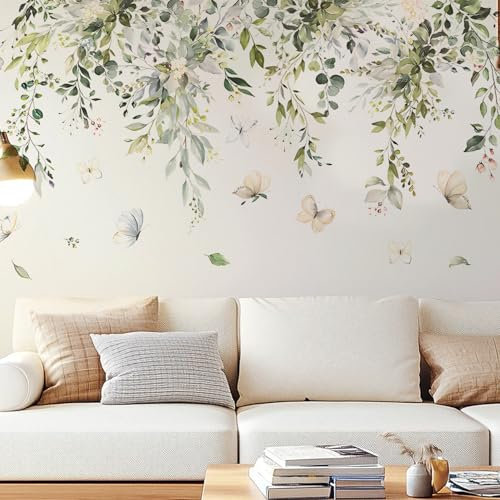 2pcs Green Plants Leaves Wall Decals, Green Hanging Vine Wall Stickers Peel and Stick Butterfly Wall Art Stickers for Bedroom Living Room Classroom Office Sofa TV Background Wall Home Wall Decor