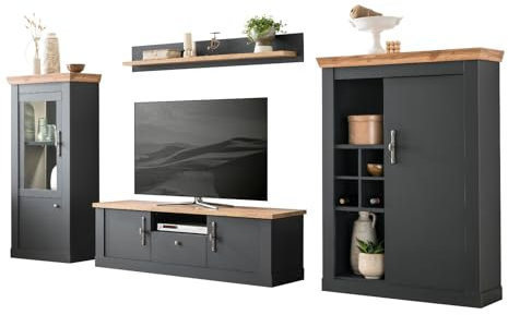 Furn.Design Wohnwand in grau und Wotan Eiche Landhaus, Wohnkombination 4-teilig 357 x 170 cm, Ribera