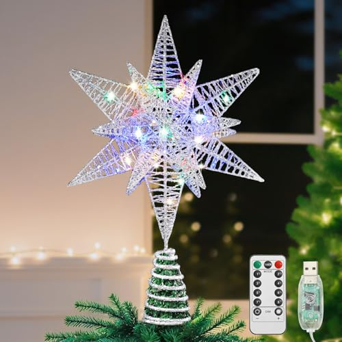 Lewondr Estrella para Copa del Árbol, 28CM Adorno para Árbol de Navidad con 8 Modos de Luces por USB con Mando a Distancia & Temporizador, Decoración Navideña del Hogar, Luz Colorida, Plata Blanco