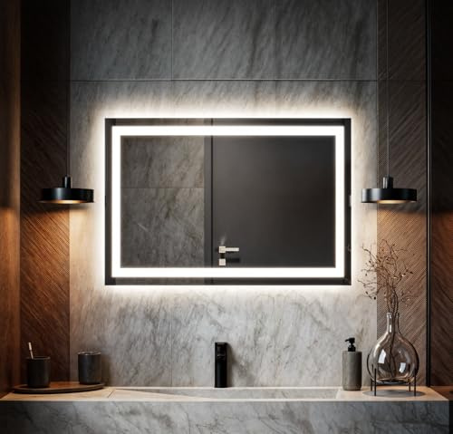 MaisonSpiegel LED Badspiegel mit Beleuchtung – Wandspiegel für Bad, dimmbar, Lichtfarbe warm,kalt,neutral, modernes Design, AntiBeschlag, energiesparend 80 x 70 cm