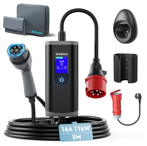 bokman Typ 2 Ladekabel mit CEE Stecker & Adapterkabel 11kW 5 Meter | Mobile Wallbox 16A, 3-Phasig, IP65 Wasserdicht, Tragbares EV-Ladegerät für IEC 62196-2 mit Tragetasche & Mikrofaserhandtuch