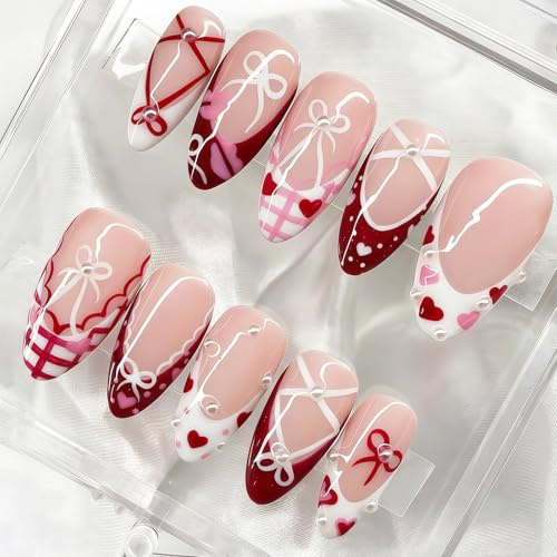 Tastetreasure 30 Pcs Press on Nails Almond, Red Heart & Ribbon Design False Nails, Glue on Nails for Women with Wood Stick & File, Full Size Reusable Acrylic Fake Nails Kit, Burgundy/White