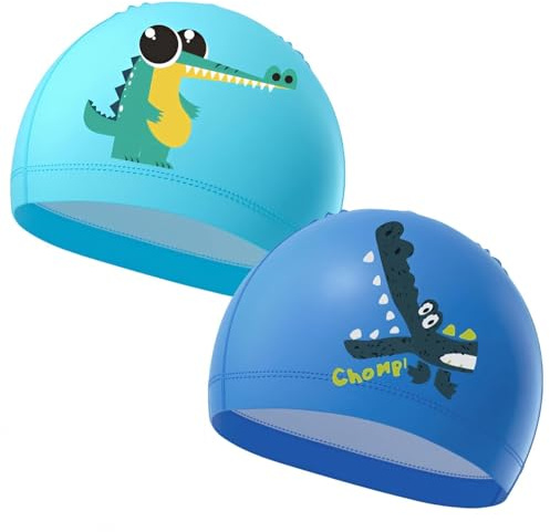 2 Pack Swimming Cap Kids Fabric Swimming Hat Stretchy Comfortable | Anti Slip Swim Cap for Toddler Childrens Boys Girls Teens Age 4-10, Blue