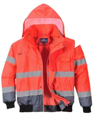 Portwest C465 Hi-Vis 3-in-1 Waterproof Contrast Hooded Bomber Jacket with Pockets - Reflective Outdoor Safety Security Workwear Coat, Red/Navy, XXL
