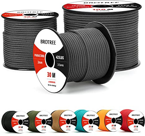 Brotree Paracorde 3mm 30M 100% Nylon Corde Paracorde 425 3 Brins Corde Parachute Type II pour Extérieur, Artisanat - 192kg Charge de Rupture (Noir)