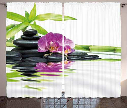 ABAKUHAUS Zen Motiv Rustikaler Vorhang, Purple Orchid Bambusse, Wohnzimmer Universalband Gardinen mit Schlaufen und Haken, 280 x 260 cm, Schwarz Lila