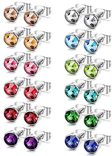 Feilok Damen-Ohrstecker Edelstahl Herren Ohrringe Piercing mit Zirkonia 6mm 12 Paar Geschenk fur Frauen Weihanchten