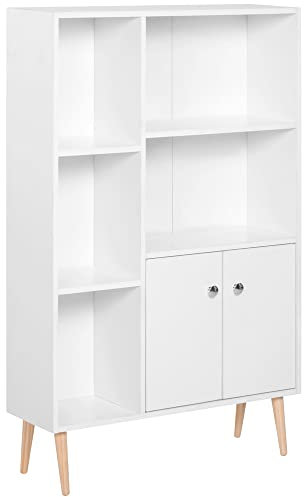 HOMCOM Sideboard Storage Cabinet Cupboard, Open Bookcase with 2 Doors 5 Compartments Wooden Modern Style for Living Room Bedroom Kitchen 80 x 23 x 123 cm, White