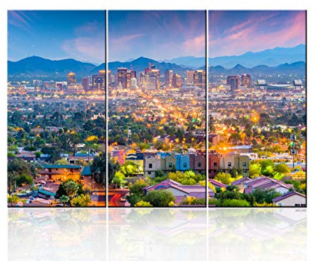 TUMOVO 3-teiliges Wandbild mit Stadt-Skyline, Phoenix, Arizona, USA Downtown Bilder auf Leinwand, Landschaft, das Bild, Dekor, Öl für Zuhause, moderne Dekoration, Druck Gegenstände – 71,1 x 35,6 cm
