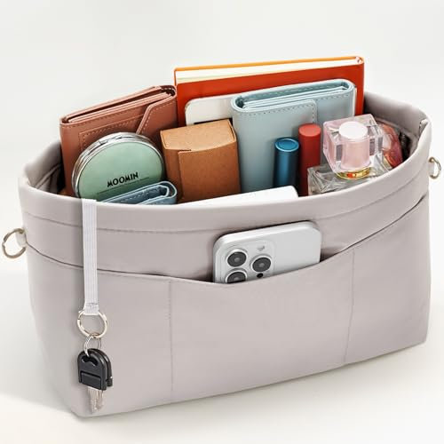 SHINGONE Handtaschen Organizer mit Schlüsselbund Taschenorganizer Wasserdicht, Innentaschen fuer Handtaschen Organizer, Kosmetik Organizer mit Reißverschluss Grau -L