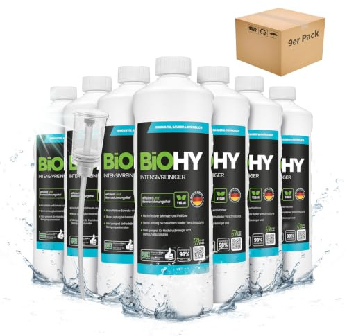 BiOHY Intensivreiniger (9 x 1L) + Dosierer | Bodenreiniger Konzentrat für starke Verschmutzungen | Reinigungsmittel für Reinigungsautomaten & Saugwischer | Schaumarm für Fliesen & Hartböden