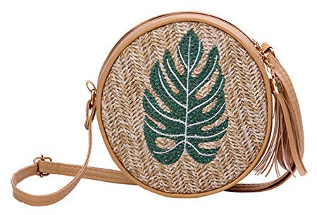 MoreChioce Sac Paille Femmes,Été Sac Rond Bohême Tropicale Tissé de Paille Sac à Main Crossbody Sac à Bandoulière pour Voyage et Utilisation Quotidienne,Monstera