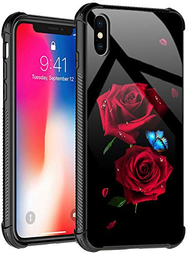 TnXee Case Compatible with iPhone Xs Max,Cover for Girls Women,Butterfly on red Roses