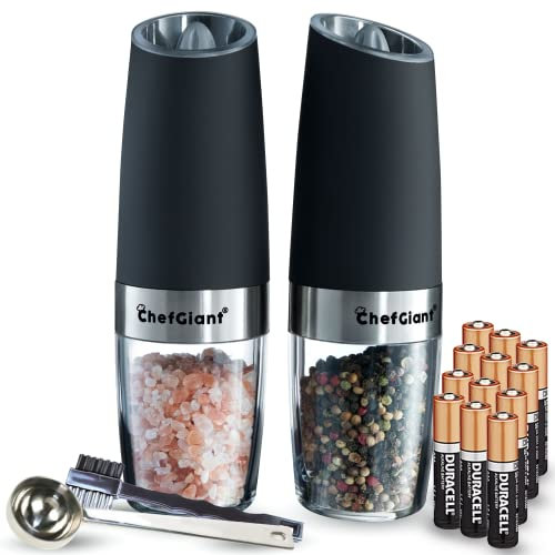 ChefGiant Automatic Spice Grinder Set | Refillable Electric Salt and Pepper Mills with Gravity-Activated Operation, LED Light & Adjustable Coarseness | Bonus Batteries, Spoon & Brush | Black