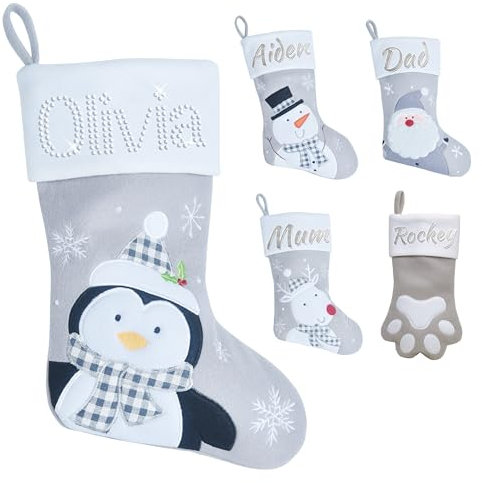 Varsany Hochwertige Weihnachtsstrümpfe mit Pinguin-Motiv, personalisierbar, für Familie und Haustiere, Grau
