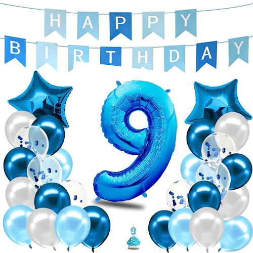 envami® Decorazioni Compleanno 9 anni Bambino Blu - Festoni Compleanno Bambino -Palloncini 9 anni