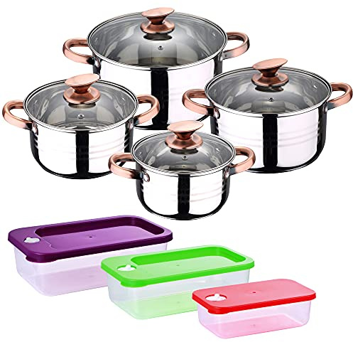 San Ignacio Batterie de cuisine 8 pièces compatible avec induction Altea en acier inoxydable avec lot de 3 boîtes hermétiques en plastique Jolie PK3243 Cuivre