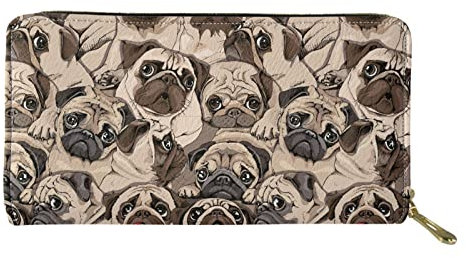 Biyejit Damen-Geldbörse, lang, Leder, Blumenmuster, Handy-Kartenhalter, Clutch, Kapazität Tasche, Mops-Aufdruck, Einheitsgröße, Casual