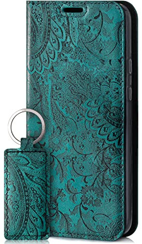 SURAZO Smart Magnet Handyhülle für Apple iPhone 12 Pro Max – Premium Echtleder Hülle Schutzhülle mit [Kartenfach, RFID Schutz] – Klapphülle Wallet case Handmade in Europe (Ornament Türkis)