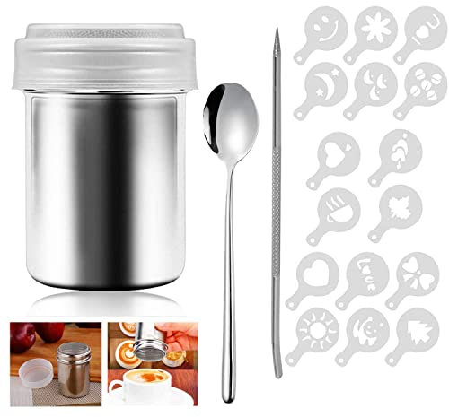 通用 Kakaostreuer Edelstahl 304 Puderzuckerstreuer Mehlstreuer mit Deckel Pulverstreuer Schokoladenstreuer mit 16 Pcs Kaffee Cappuccino Schablonen, Coffee Art Pull Pin, Rührlöffel Edelstahl