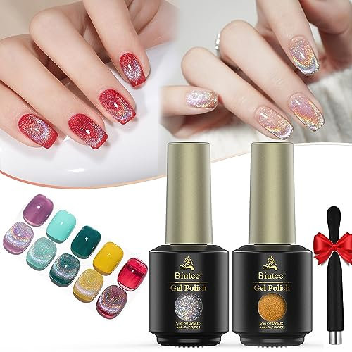 8ml * 2pcs Universeller Regenbogen Cat Eye Gel, UV Nagellack Magnetisch Set, Chamäleon Glitzern Gel für Nageldesign Sparkle, Soak Off UV LED Gel Nagellack mit Magnetstift