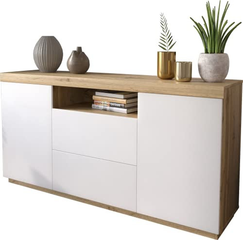 Domando Sideboard Ravello M1 Modern für Wohnzimmer Breite 164cm, Push-to-Open-System in Wotan Eiche und Weiß Matt