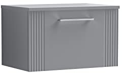 nuie DPF294W Deco Modern Bathroom Wall Hung 1 Drawer Part Fluted Vanity Basin Unit with Worktop, 600mm, Satin Grey