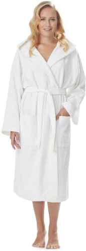 Arus Peignoir Femme 100% Coton Éponge, Capuche, Longueur Mollet | Doux peignoir en éponge avec capuche, 2 poches et ceinture – idéal pour sauna, spa, bien-être et maison.