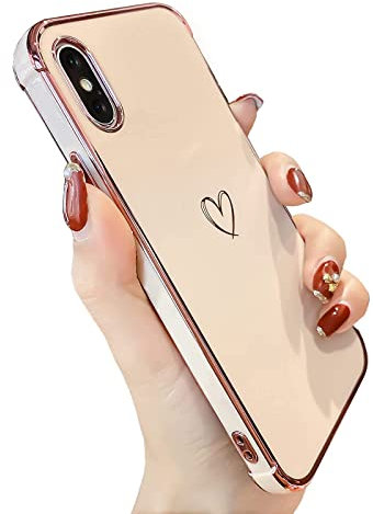 Knoowcase for iPhone XS Case iPhone X Phone Case for Girls Women Shockproof Flexible Silicone Bumper Lens Protection Luxury Plated Gold Heart Slim Anti Scratch Phone Cover for iPhone XS/X, Pink