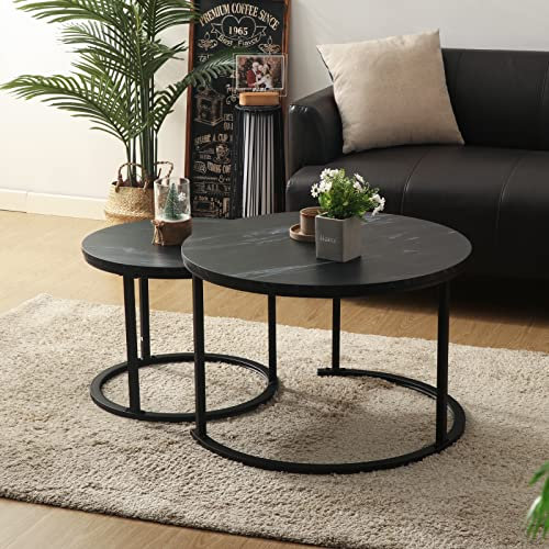 BIGTREE Juego de 2 mesas de centro redondas, mesa de café de madera, mesa de salón moderna, mesa auxiliar con estructura de metal para salón, balcón, oficina (negro)
